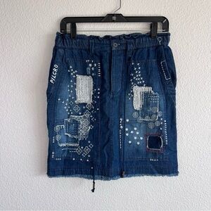 PILCRO Anthropologie Women’s Denim Embroidered Patchwork Drawstring Mini Skirt